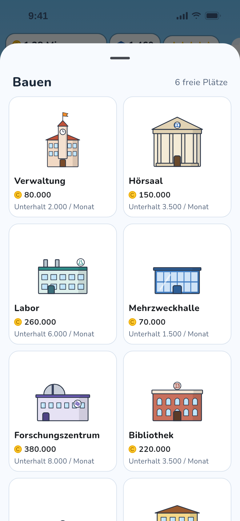 Bauen: Gebäudekarten mit Preis, Unterhalt und Voraussetzungen