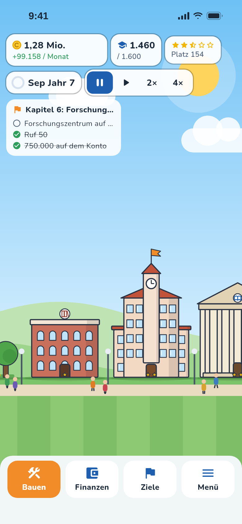 Der Campus in Jahr 7: Bibliothek, Verwaltung mit Uhrturm, zwei Hörsäle, oben Kasse, Studierende, Ruf-Sterne und Kapitelziele
