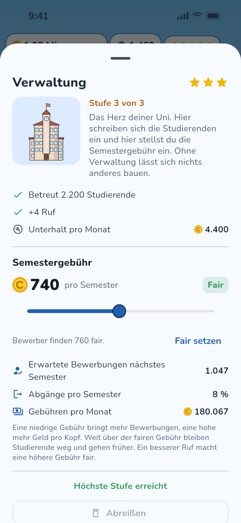 Verwaltung: Semestergebühr mit Schieberegler und Prognose der Bewerbungen