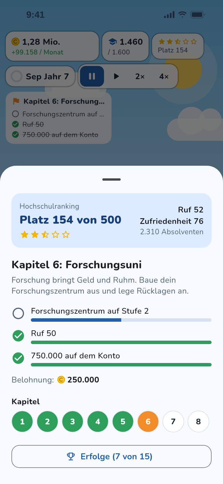 Ziele: Hochschulranking, Kapitelziele mit Fortschritt und Belohnung